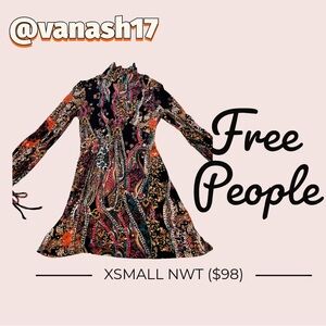 Free People Paisley Mini Dress Boho Open Back Long Sleeve Festival NWT ($98)
